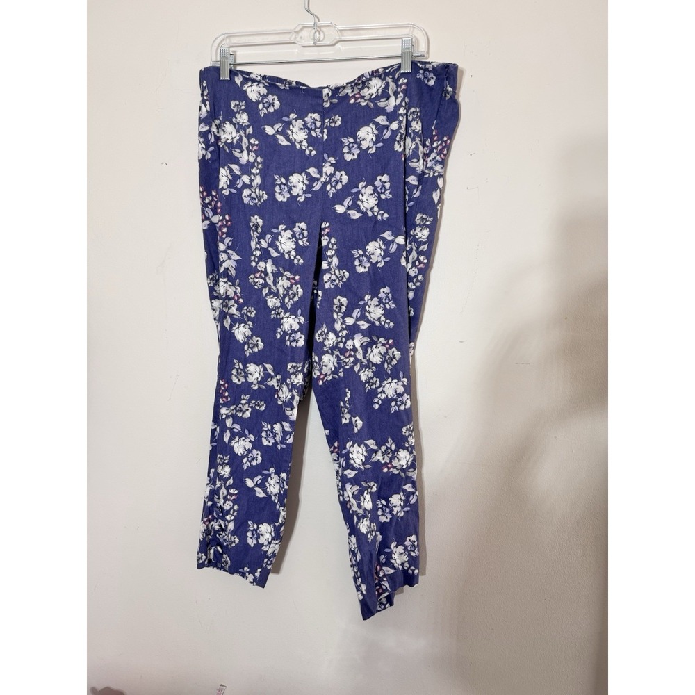 J Jill Linen Stretch Cropped Capri  Pants  Women's 1x Blue White Floral Side Zip